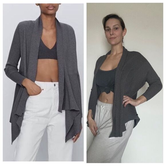ZARA Cardigan Ribbed Drop Shoulder Sweater Gray Athleisure Medium Slouchy - Picture 1 of 7